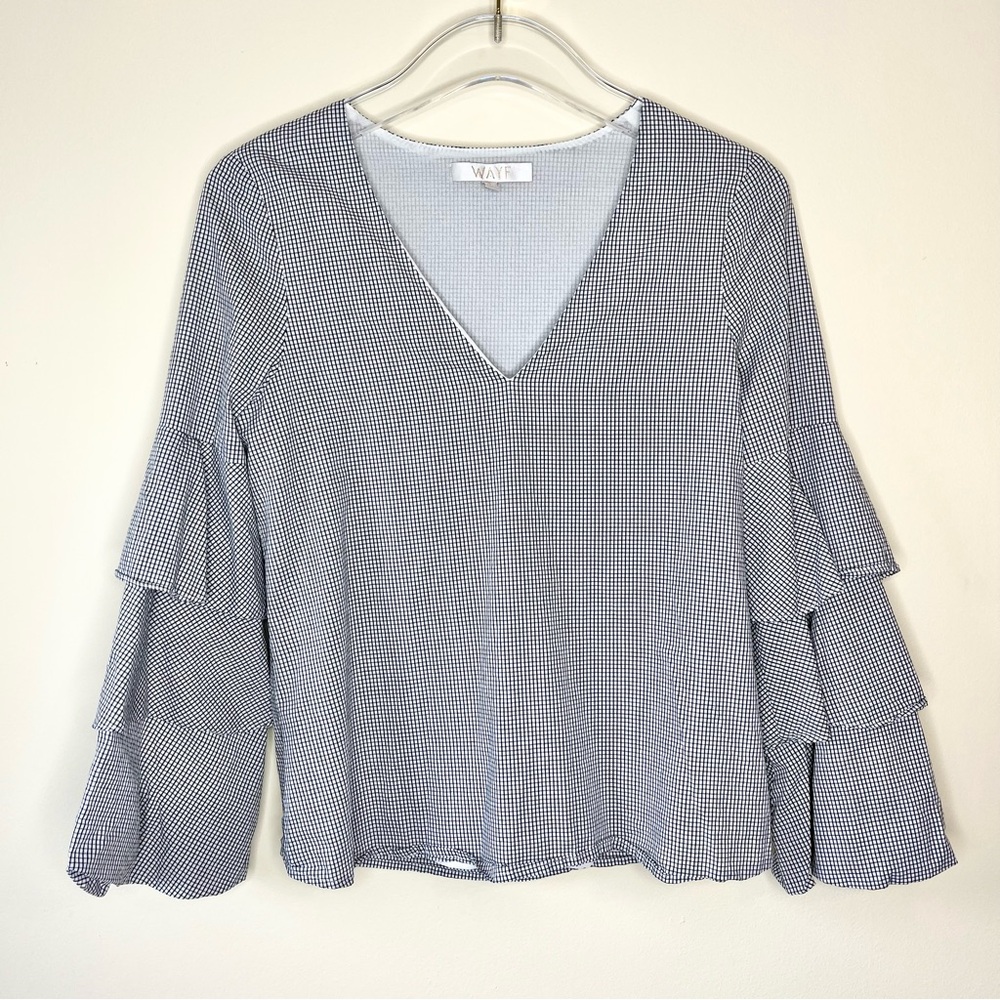 WAYF Micah Black and White Gingham Ruffle Puff Sleeve V Neck Top Size S